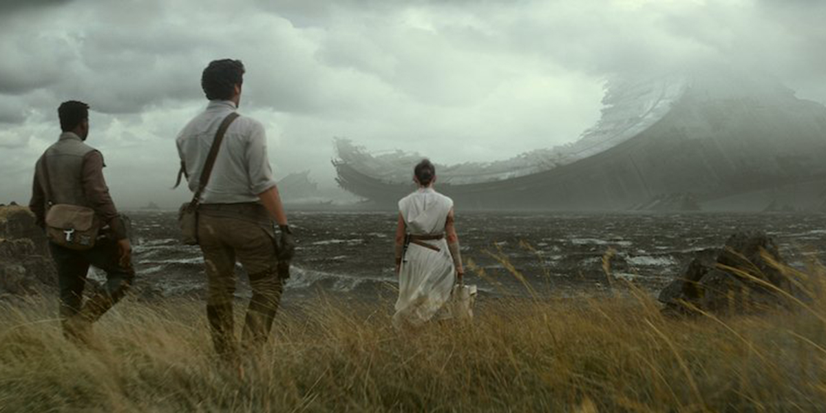 Rey and company looking at the wreckage of the Death Star