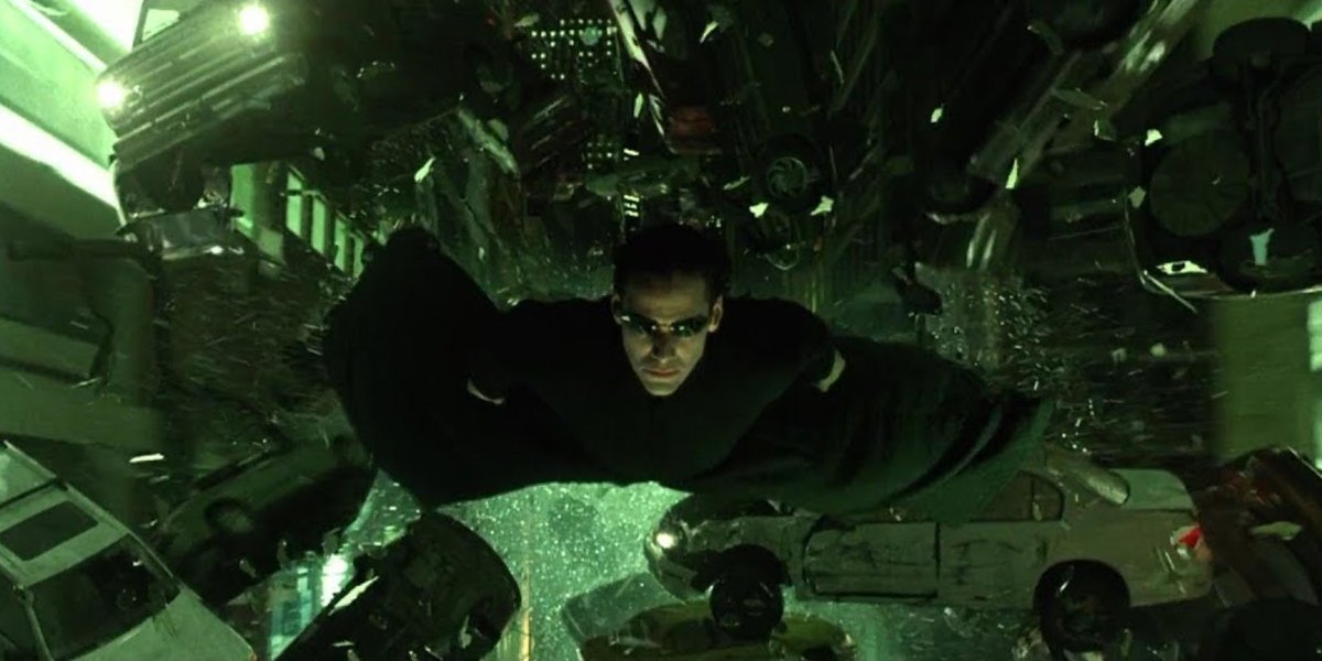 The Matrix Revolutions Neo flying with a bunch of debris following him