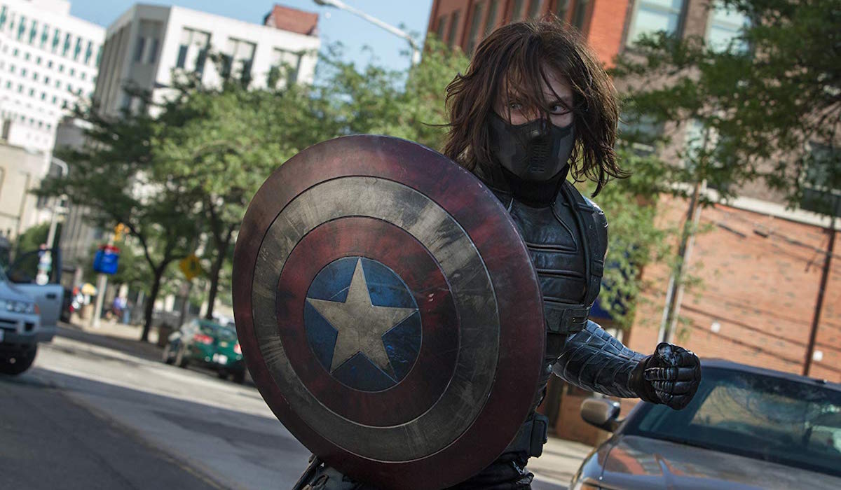 Bucky Barnes holding shield in Captain America: The Winter Soldier
