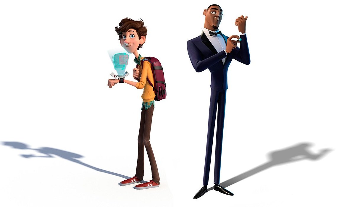 Spies In Disguise Walter and Lance stand in front of a white background, busying themselves
