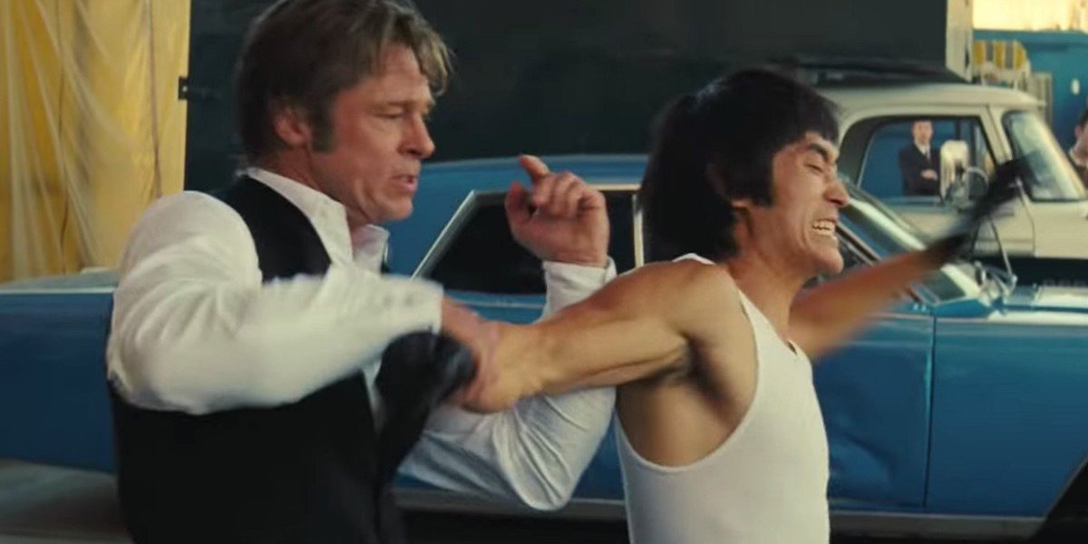 Brad Pitt and Mike Moh as Cliff Booth and Bruce Lee in Once Upon a Time in Hollywood