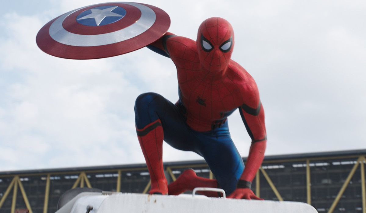 Captain America: Civil War Spider-Man perched with Cap's shield