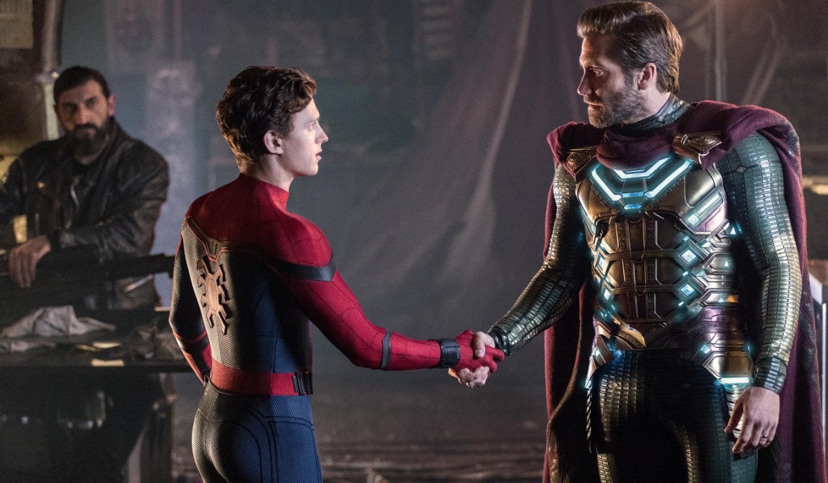 Spider-Man: Far From Home Peter and Quentin shake hands in costume
