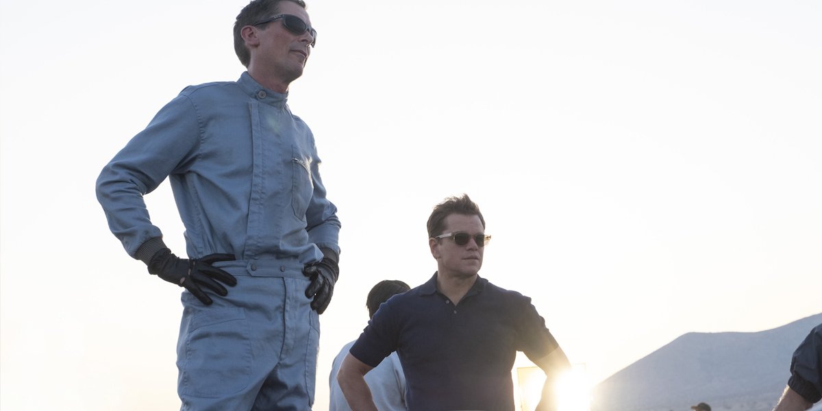 Matt Damon and Christian Bale in a car in Ford v Ferrari