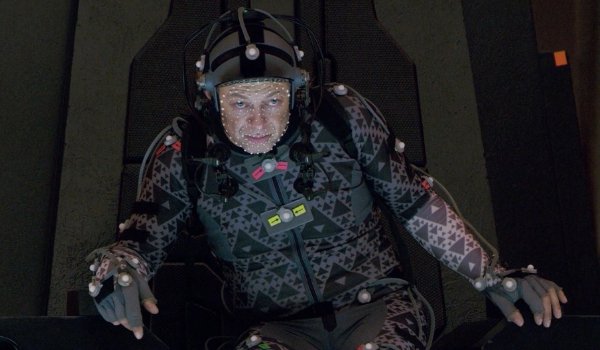 Star Wars: The Last Jedi Andy Serkis sitting in Snoke's throne in a mo-cap suit