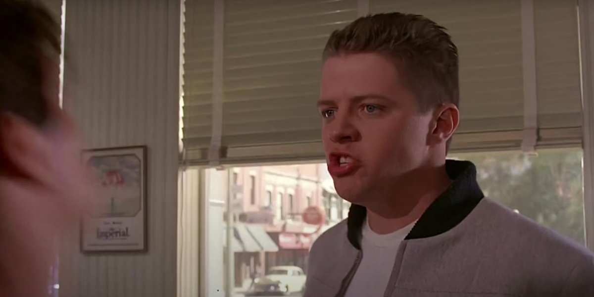 Eric Stoltz's face and Thomas F. Wilson in Back To The Future