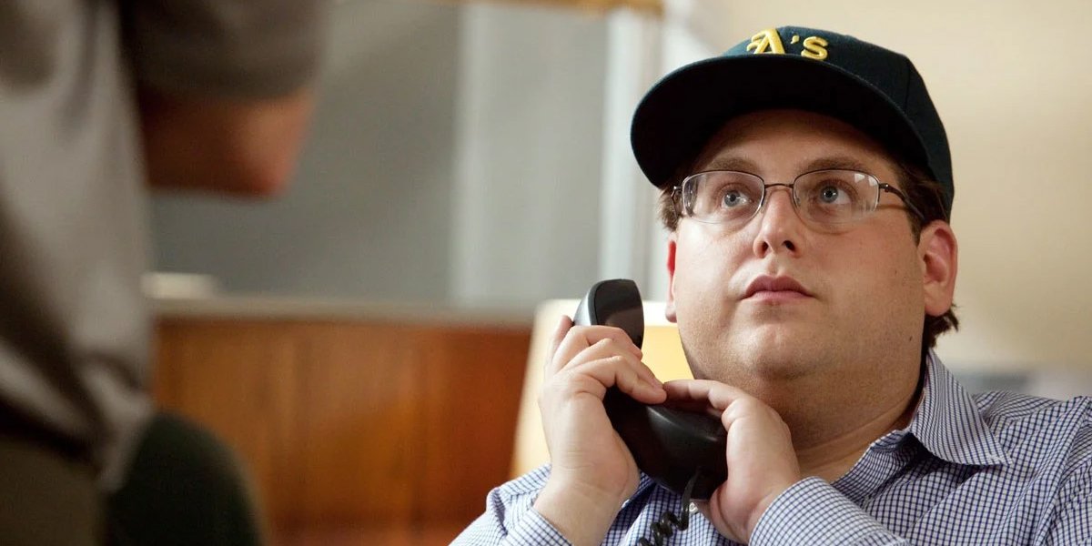 Jonah Hill on the phone in Moneyball
