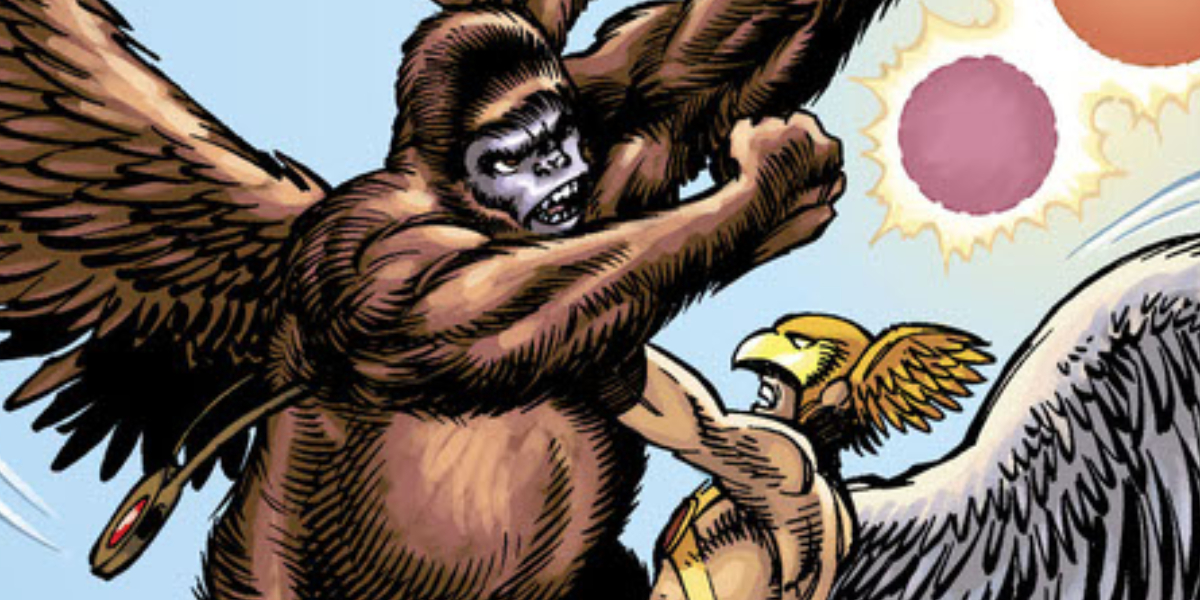 Hawkman lutando contra um macaco alado