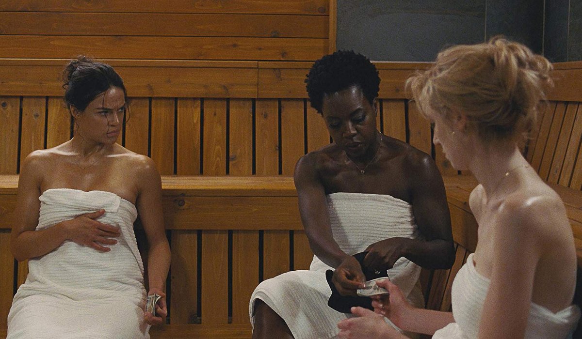 Widows Michelle Rodriguez Viola Davis and Elizabeth Debicki splitting the take in a sauna