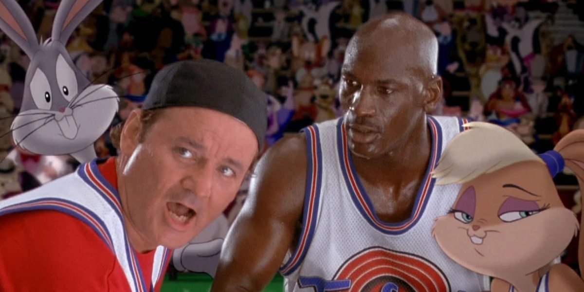 Bill Murray with Bugs Bunny, Michael Jordan, and Lola Bunny in Space Jam