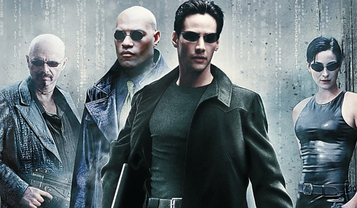 The Matrix Cypher, Morpheus, Neo, and Trinity lined up against grey code
