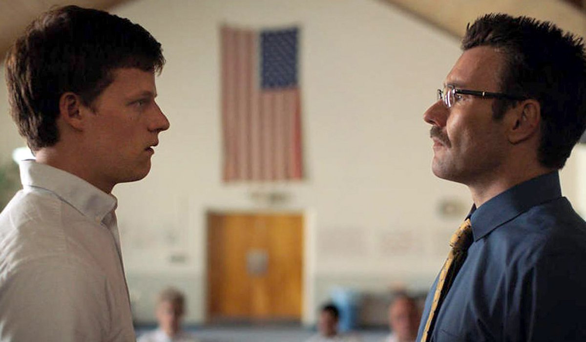 Boy Erased Lucas Hedges and Joel Edgerton face off in a church meeting