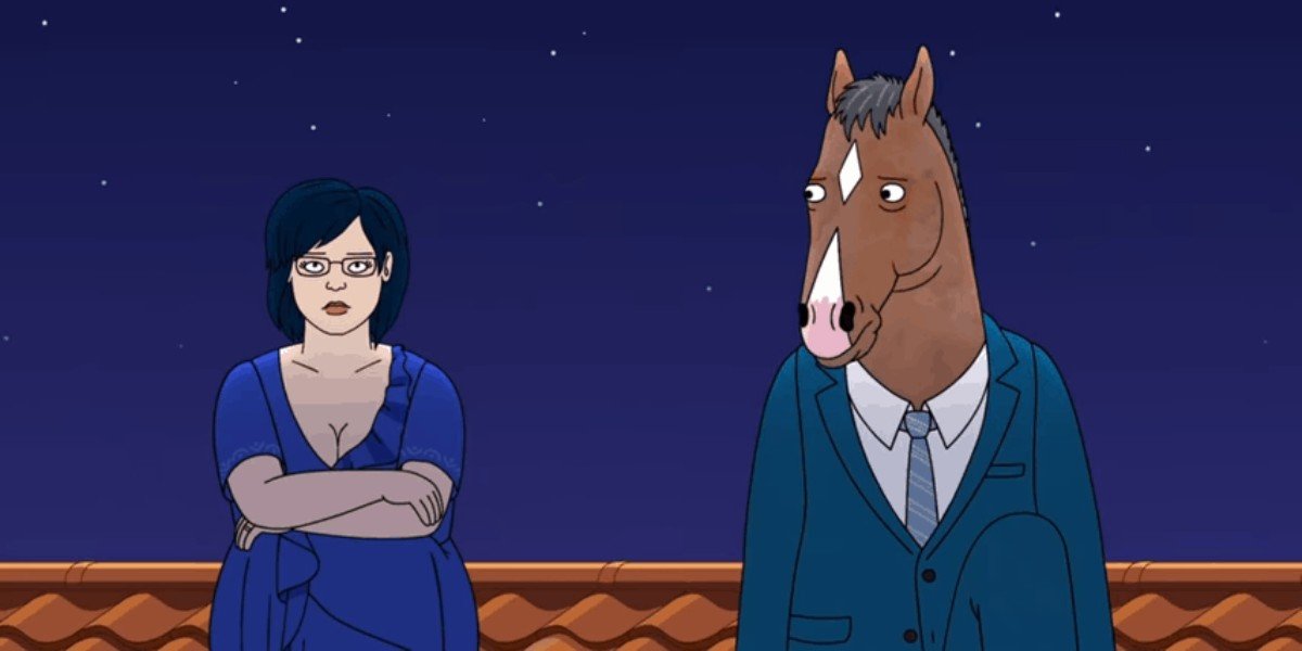 Diane has dark blue hair and glasses and is wearing a blue dress. BoJack is an anthropomorphic horse with brown fur and a three-piece suit. They are sitting on top of a roof together at night time. Diane is looking at the stars, while BoJack stares at her.