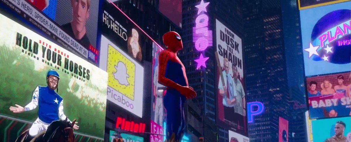 Spider-Man: Into the Spider-Verse movie posters, Edgar Wright Shaun of the Dead reference, Seth Roge