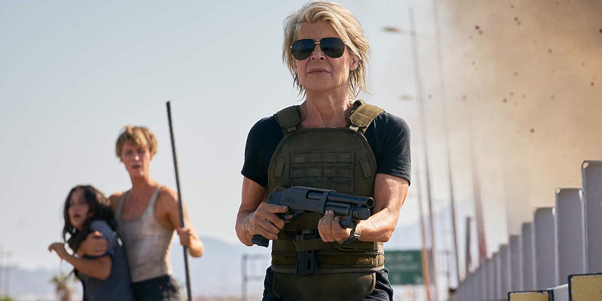 Sarah Connor holding shotgun in Terminator: Dark Fate