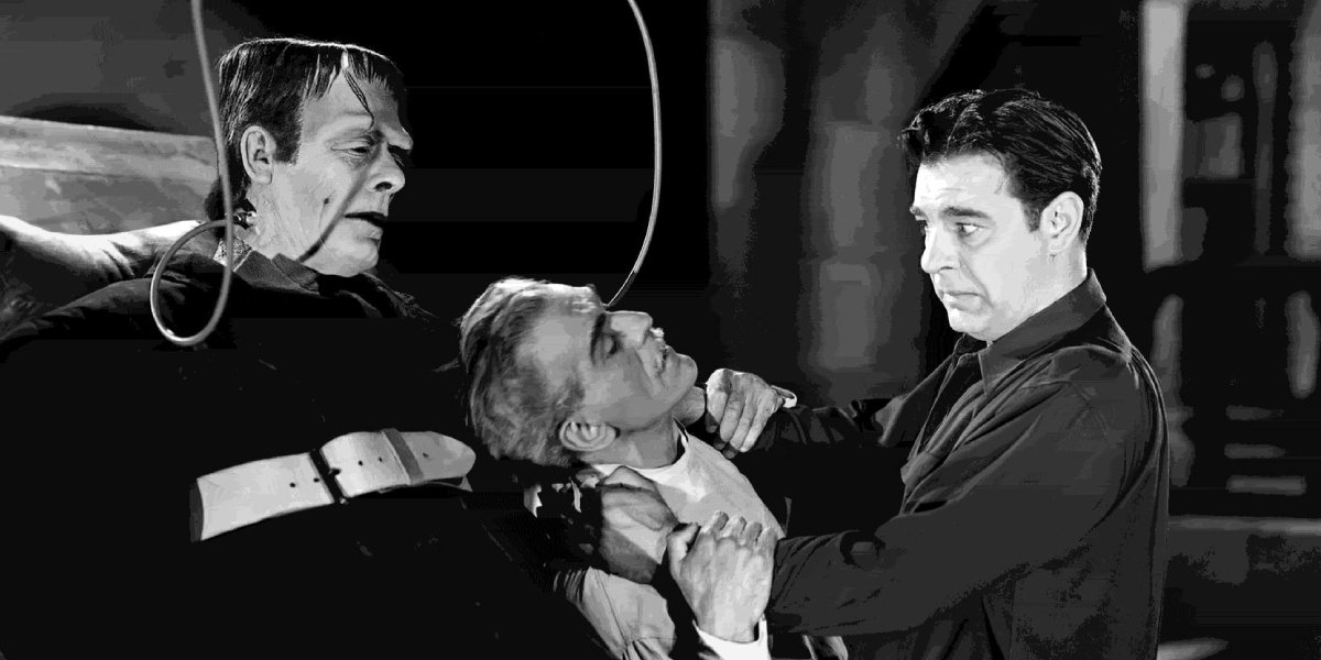 Boris Karloff, Glenn Strange, and Lon Chaney Jr. in House of Frankenstein