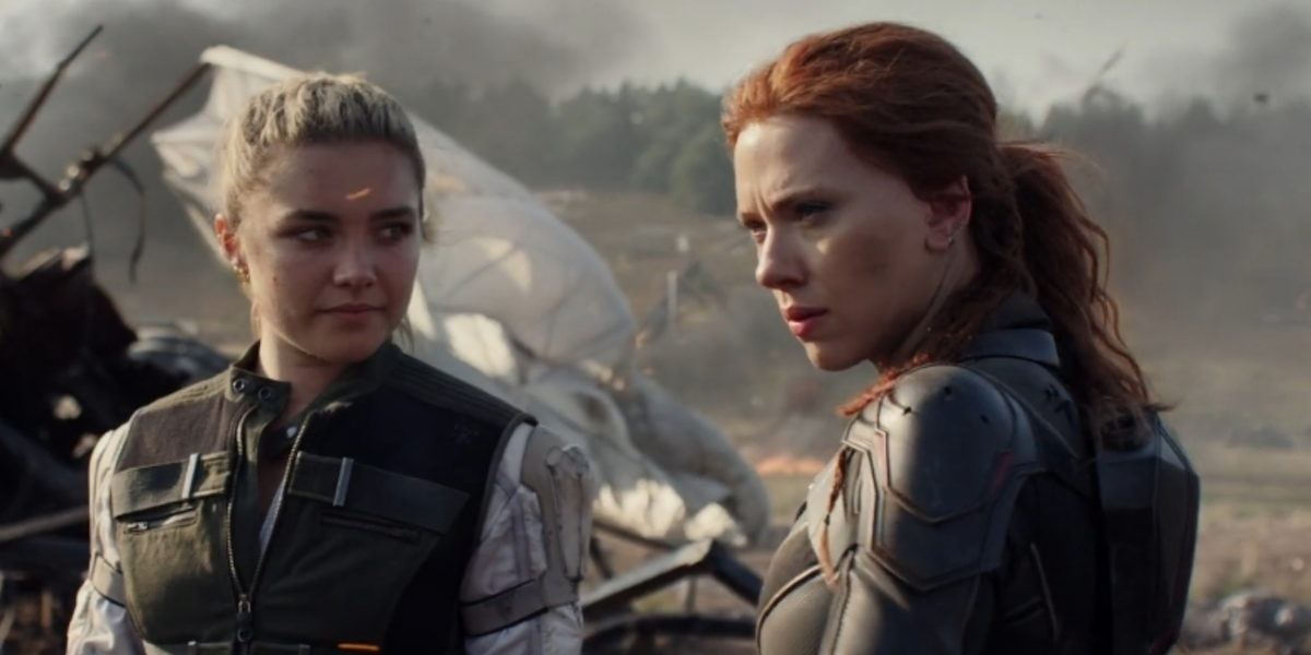 Natasha Romanoff/Black Widow (Scarlett Johansson) right and Yelena Belova (Florence Pugh) left in Marvel's "Black Widow" (2021)